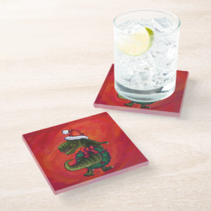 TRex Dino in Santa Hat on Red Glass Coaster