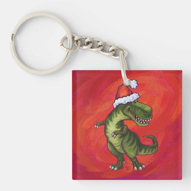 TRex Dino in Santa Hat on Red Key Ring (Front)