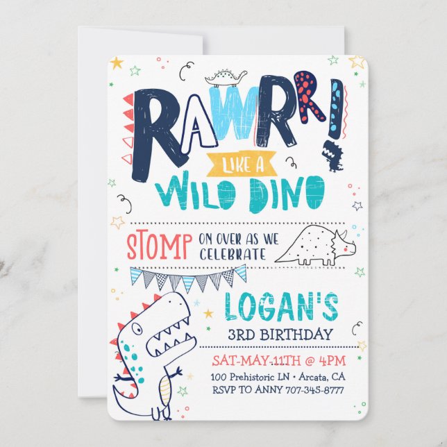 TREX Dinosaur Birthday Invitation Roar Wild DINO (Front)