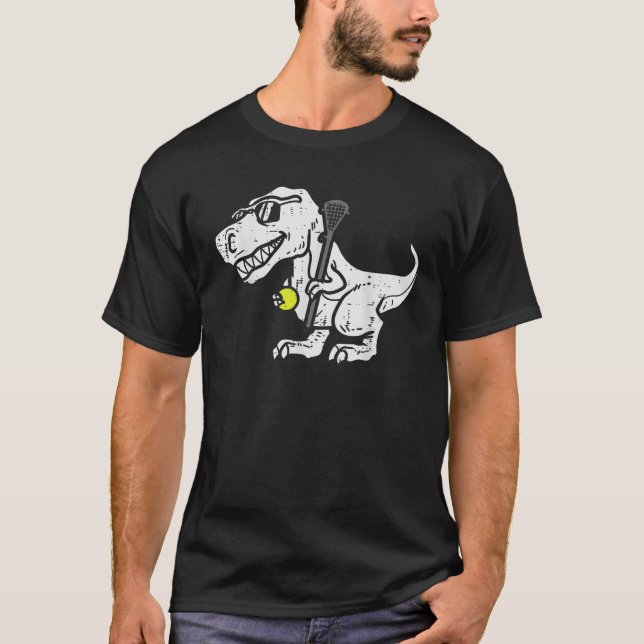 Trex Dinosaur Lacrosse Funny Lax Player Goalie Kid T-Shirt (Front)