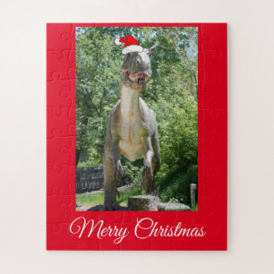 Trex Dinosaur wearing a Santa Claus hat Jigsaw Puzzle