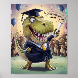 Trex in cap and gown holding diploma poster