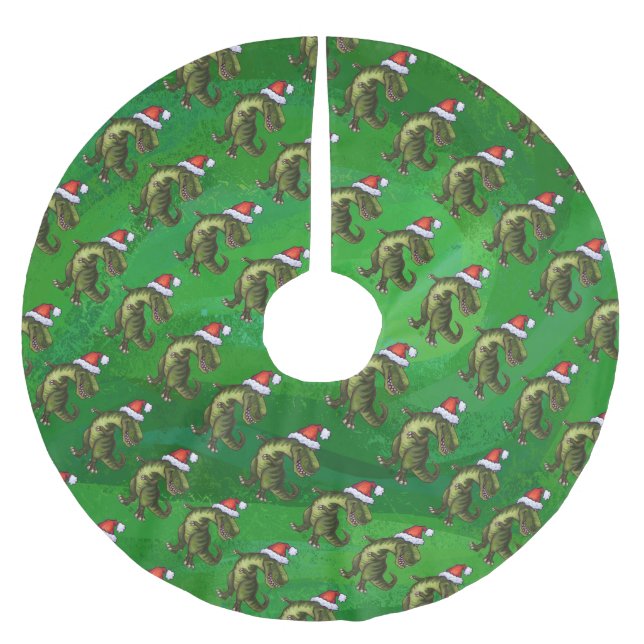 TRex in Santa Hat on Green Brushed Polyester Tree Skirt (Front)