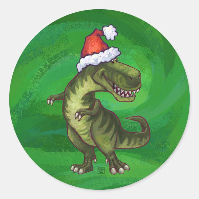 TRex in Santa Hat on Green Classic Round Sticker (Front)