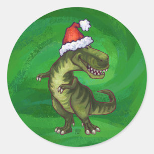 TRex in Santa Hat on Green Classic Round Sticker