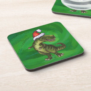 TRex in Santa Hat on Green Coaster
