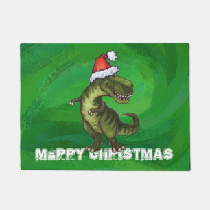 TRex in Santa Hat on Green Doormat