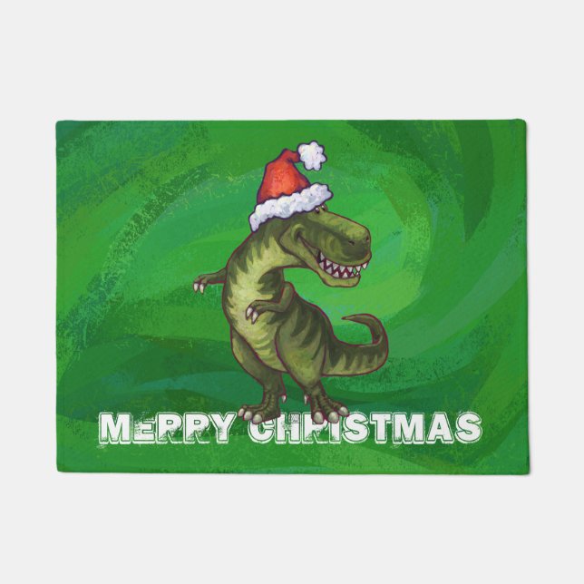 TRex in Santa Hat on Green Doormat (Front)