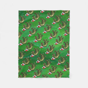 TRex in Santa Hat on Green Fleece Blanket