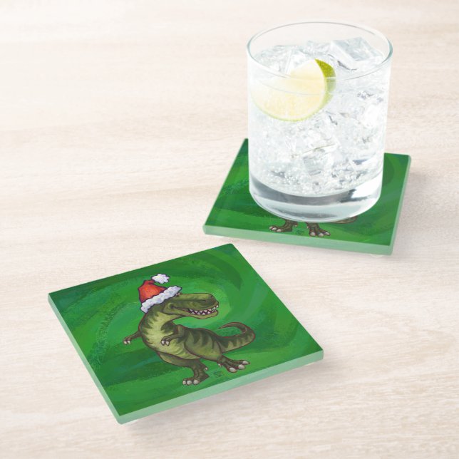 TRex in Santa Hat on Green Glass Coaster (Angled)
