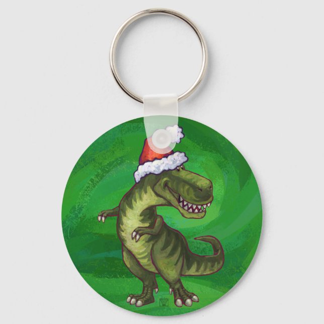 TRex in Santa Hat on Green Key Ring (Front)