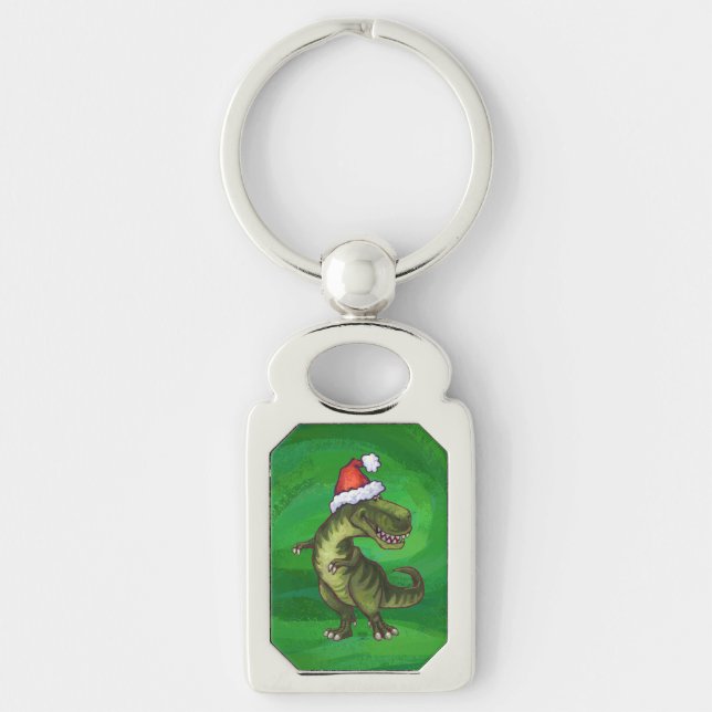 TRex in Santa Hat on Green Key Ring (Front)