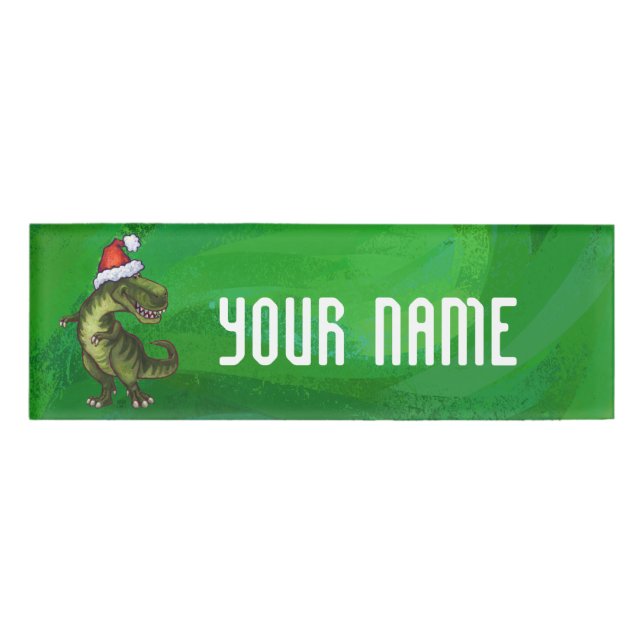 TRex in Santa Hat on Green Name Tag (Front)