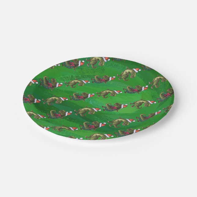 TRex in Santa Hat on Green Paper Plate (Angled)