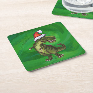 TRex in Santa Hat on Green Square Paper Coaster