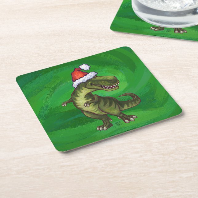 TRex in Santa Hat on Green Square Paper Coaster (Angled)