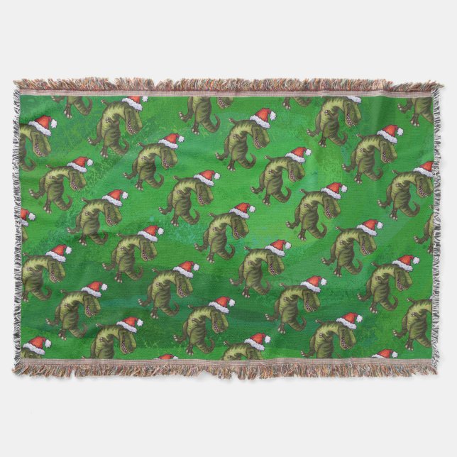 TRex in Santa Hat on Green Throw Blanket (Front)
