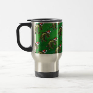 TRex in Santa Hat on Green Travel Mug