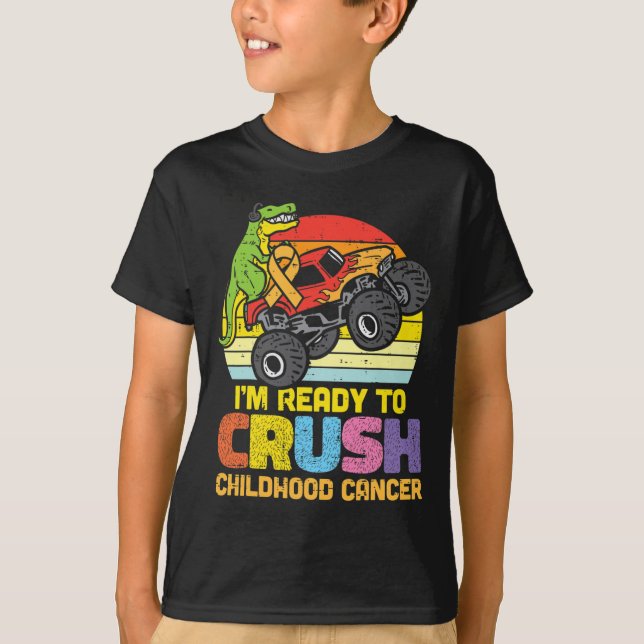 Trex Monster Truck Crush Childhood Cancer Awarenes T-Shirt (Front)