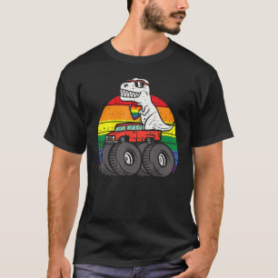 Trex Monster Truck Rainbow Gay Sunset Retro Lgbtq  T-Shirt
