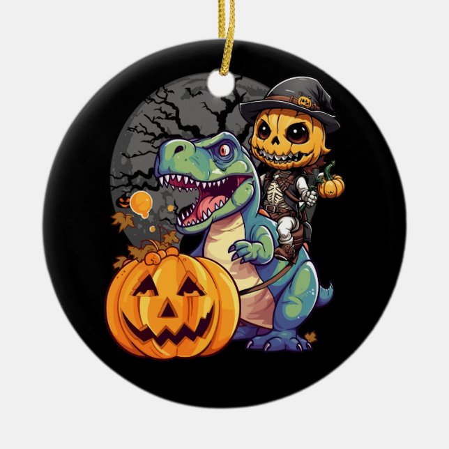 Trex Pumpkin Dinosaur Halloween Kids Mummy Zombie  Ceramic Tree Decoration (Front)