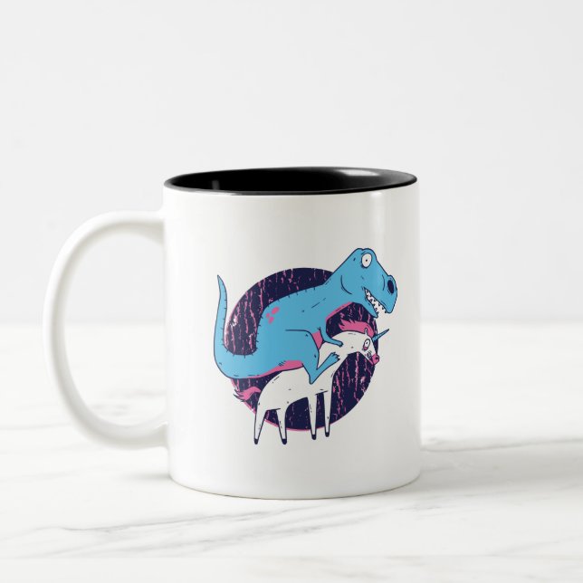 Trex Riding Unicorn Two-Tone Coffee Mug (Left)