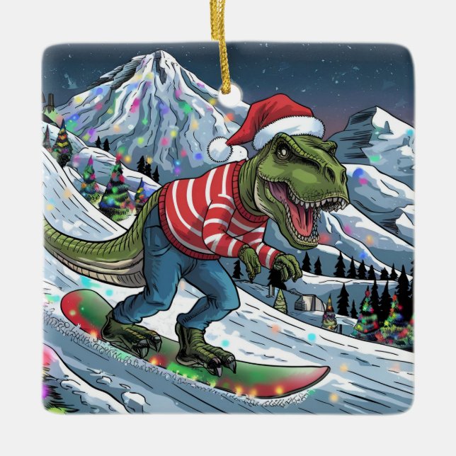 TRex snowboard on mountain psychedelic colours Ceramic Ornament (Front)