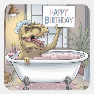 Trex taking bubble bath holding up Happy Birthday Square Sticker