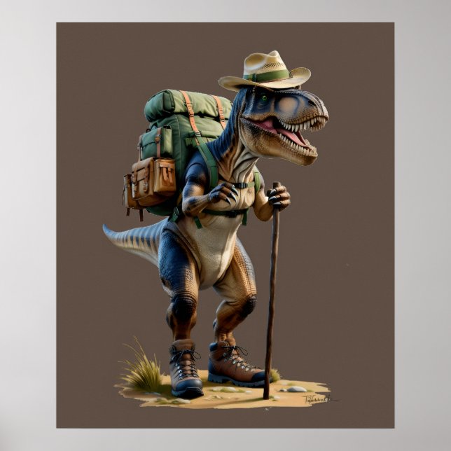 Trex wearing hat with backpack and walking stick poster (Front)