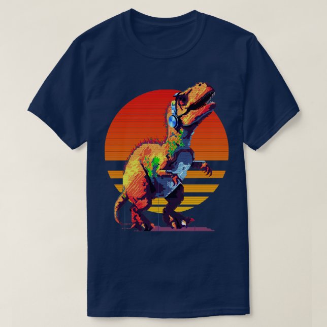 Trex with headphones retro art3 T-Shirt (Design Front)