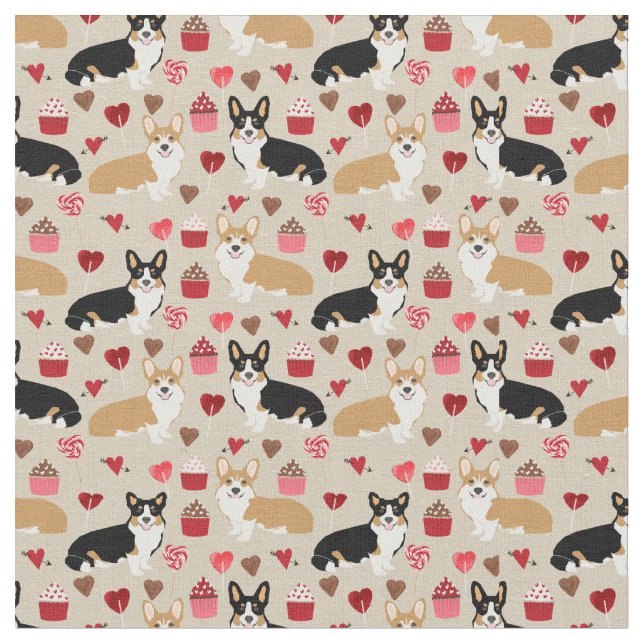 Tri and Red Corgi Valentines Fabric (Close Up)