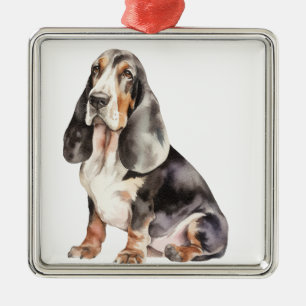 TRI COLOR WATERCOLOR BASSET HOUND DOG METAL TREE DECORATION