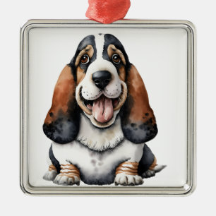 TRI COLOR WATERCOLOR BASSET HOUND DOG METAL TREE DECORATION