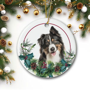Tri Colour Australian Shepherd Dog Evergreen Wreat Ceramic Tree Decoration