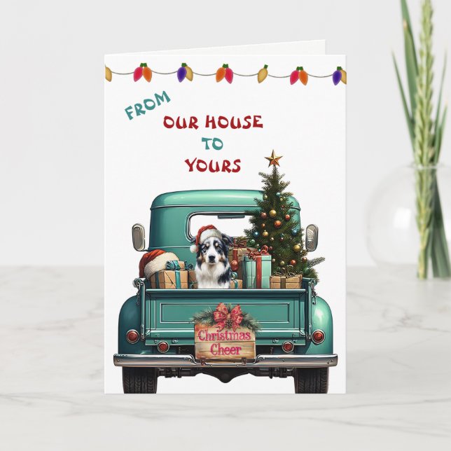 Tri Colour Australian Shepherd Truck Christmas Car Holiday Card (Front)