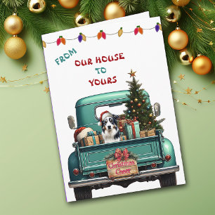 Tri Colour Australian Shepherd Truck Christmas Car Holiday Card