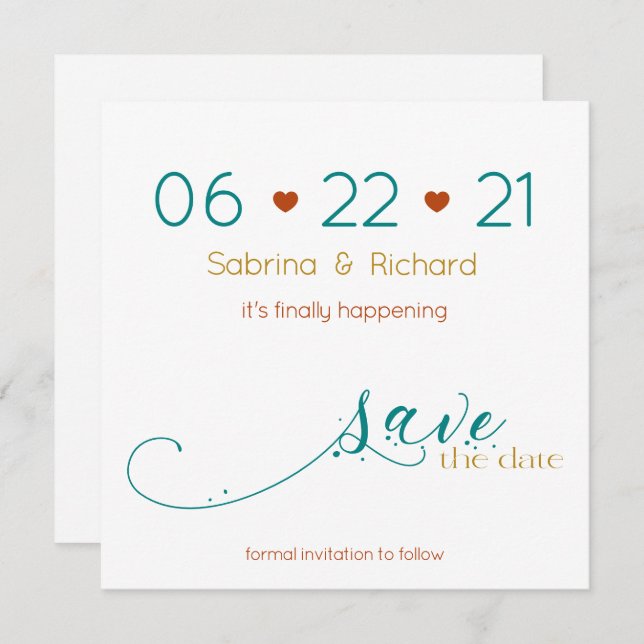 Tri-Colour BOHO Minimal Rust Teal Gold SavetheDate Invitation (Front/Back)