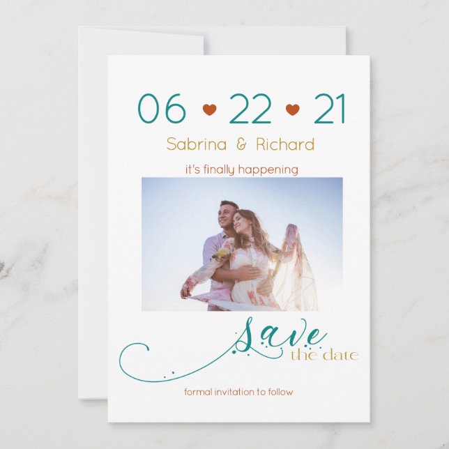 Tri-Colour BOHO Minimal Rust Teal Gold SavetheDate Save The Date (Front)
