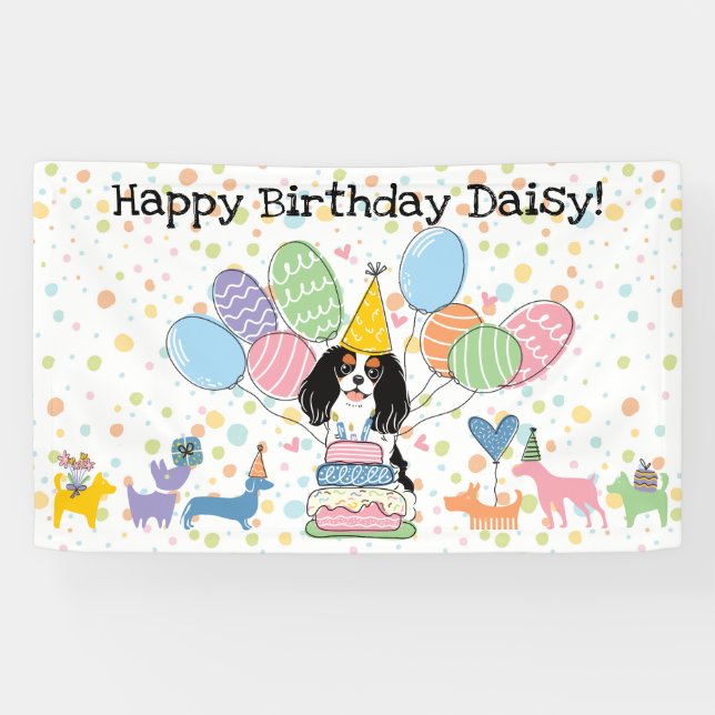Tri Colour Cavalier King Charles Spaniel Birthday Banner (Horizontal)