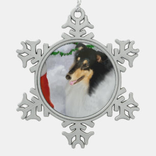 Tri Colour Collie Christmas Snowflake Pewter Christmas Ornament