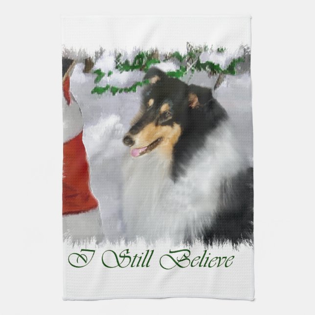 Tri Colour Collie Christmas Tea Towel (Vertical)