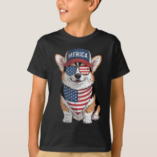 Tri Colour Corgi 4th Of July Us American Flag Dog T-Shirt