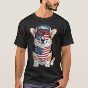 Tri Colour Corgi 4th Of July Us American Flag Dog  T-Shirt