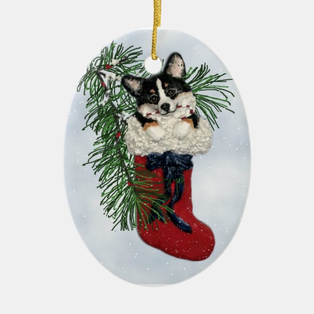 Tri-Colour Corgi in Christmas Stocking Ornament (Front)