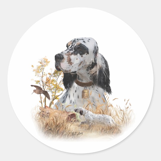 Tri Colour English Setter Art, woodcock Hunting Classic Round Sticker (Front)