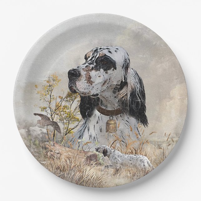 Tri Colour English Setter Art, woodcock Hunting Paper Plate (Front)