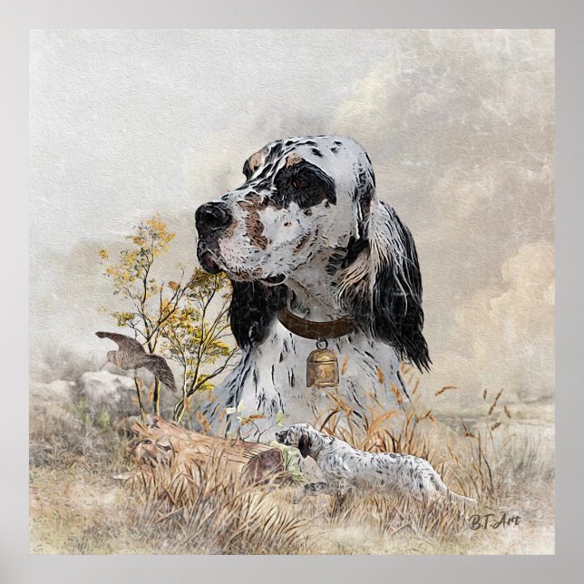 Tri Colour English Setter Art, woodcock Hunting Poster (Front)