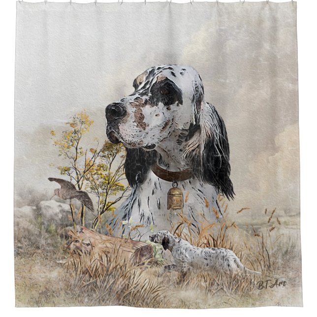 Tri Colour English Setter Art, woodcock Hunting Shower Curtain (Front)