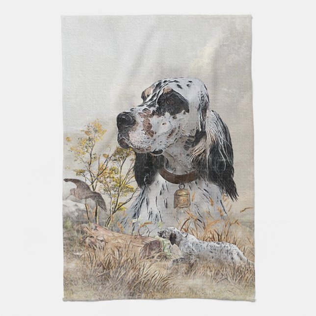 Tri Colour English Setter Art, woodcock Hunting Tea Towel (Vertical)