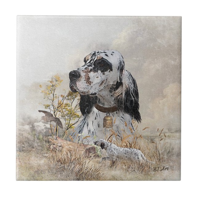 Tri Colour English Setter Art, woodcock Hunting Tile (Front)